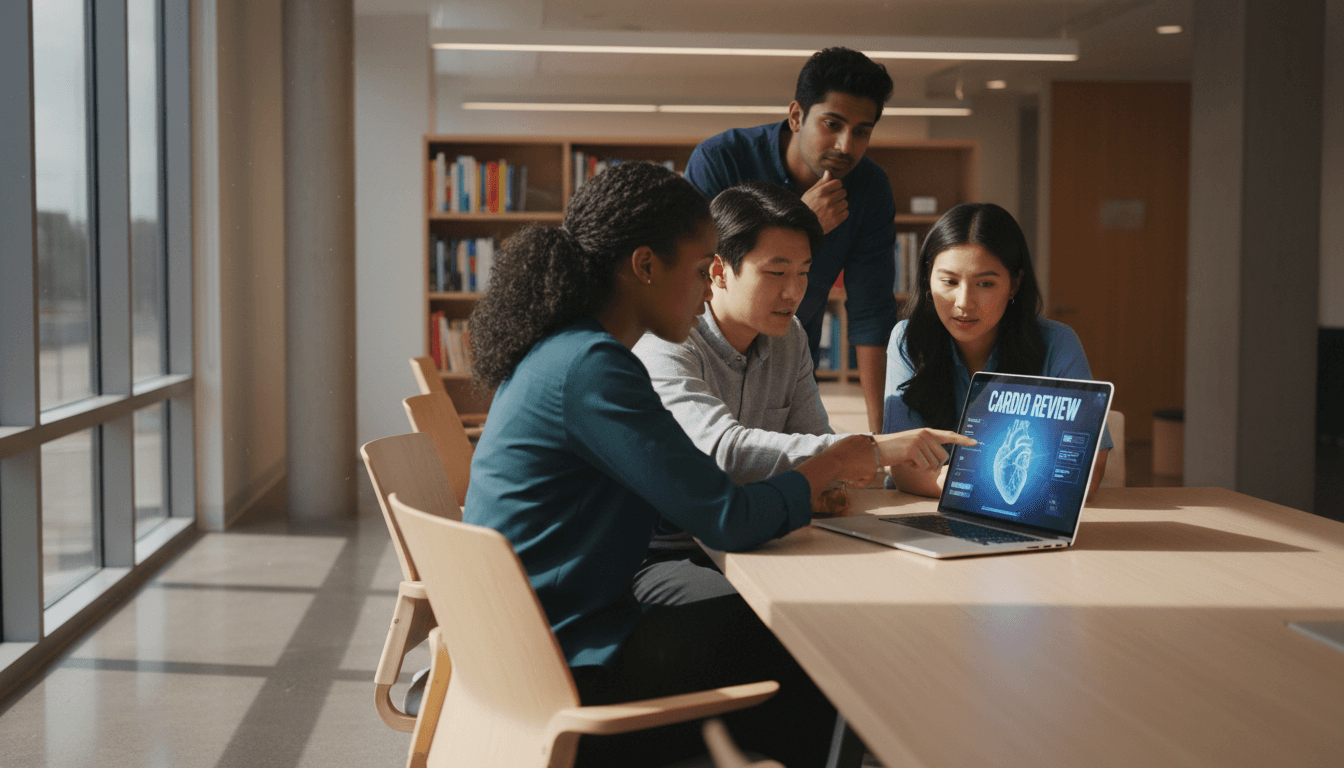 Medical and nursing students collaborating around a laptop in a modern study space