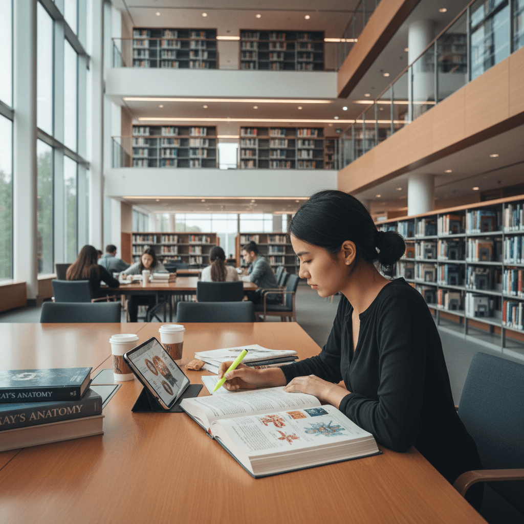 Medical student studying with tablet and textbooks in a modern library with natural light