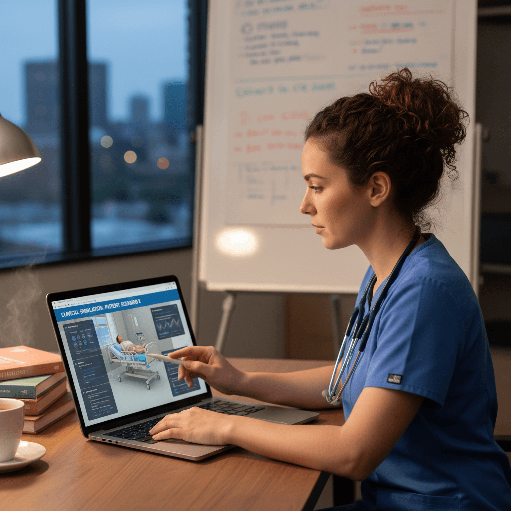 Nurse practitioner student reviewing a clinical simulation on a laptop