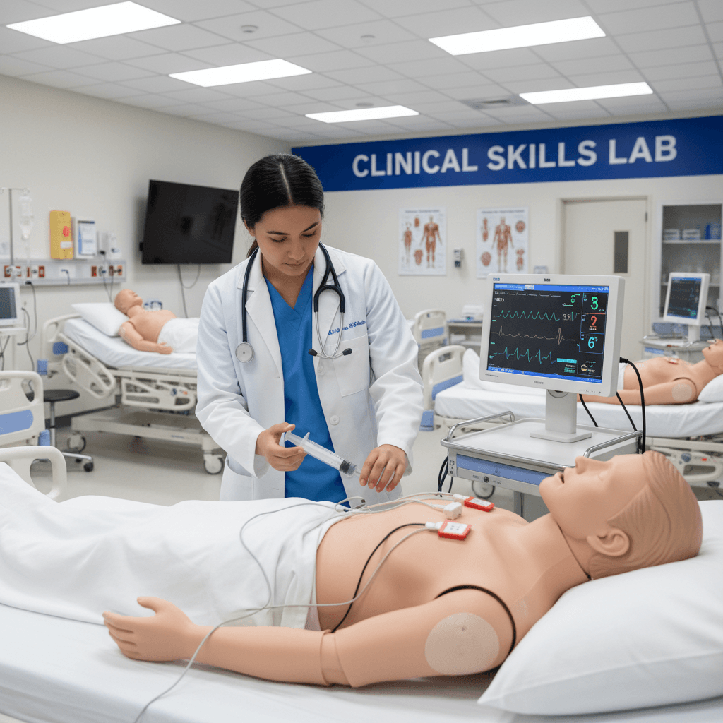 Medical student practicing clinical skills with a mannequin in a simulation lab