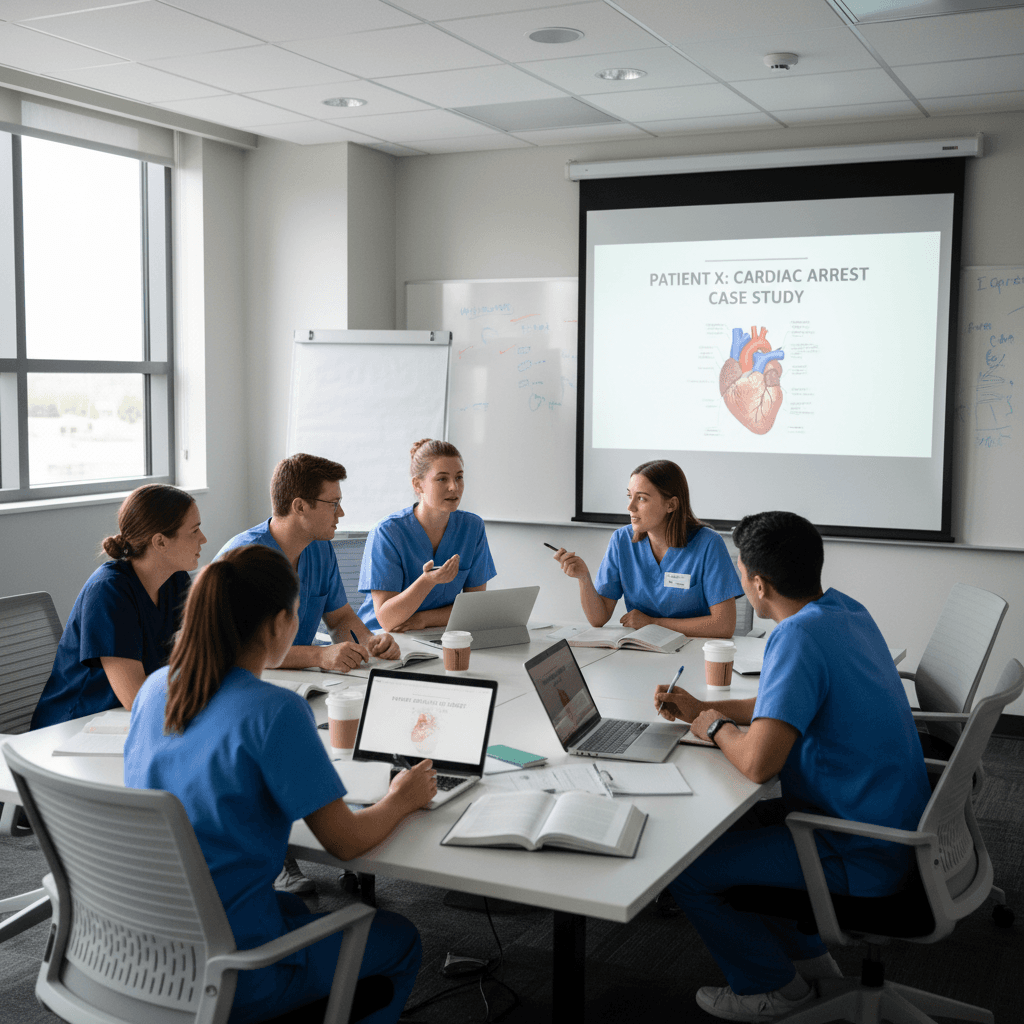 Nursing students collaborating on a case study in a classroom