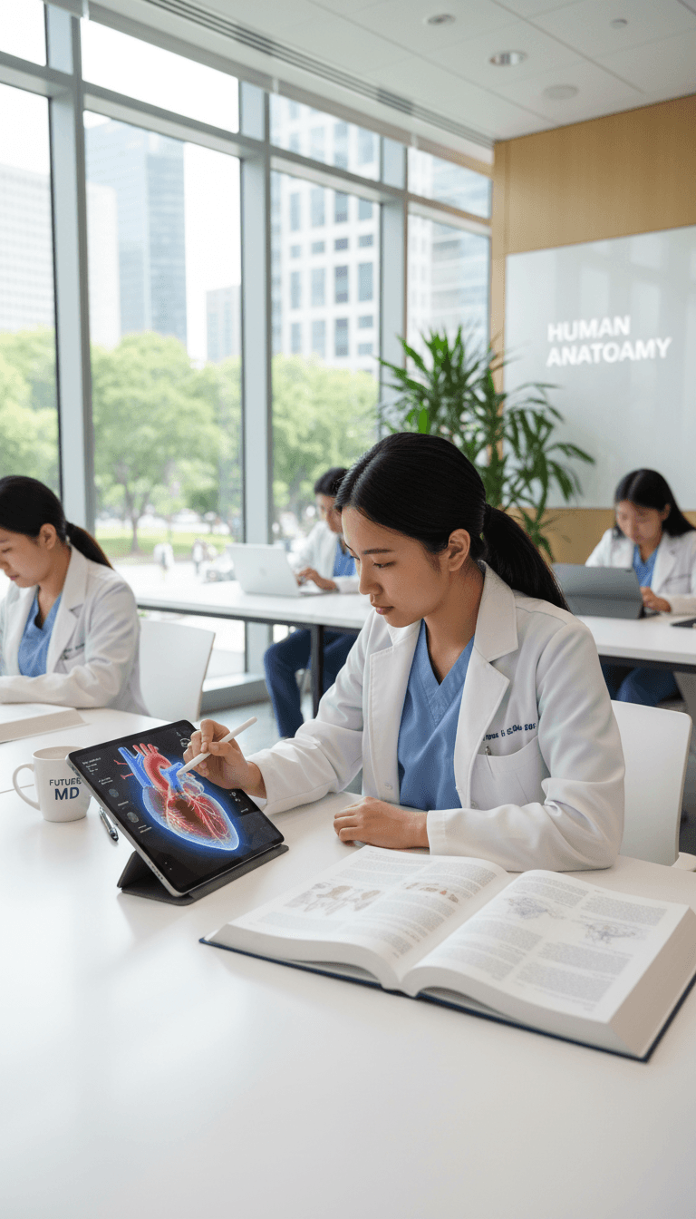 A medical student reviews an interactive anatomy model on a tablet in a bright, modern study area