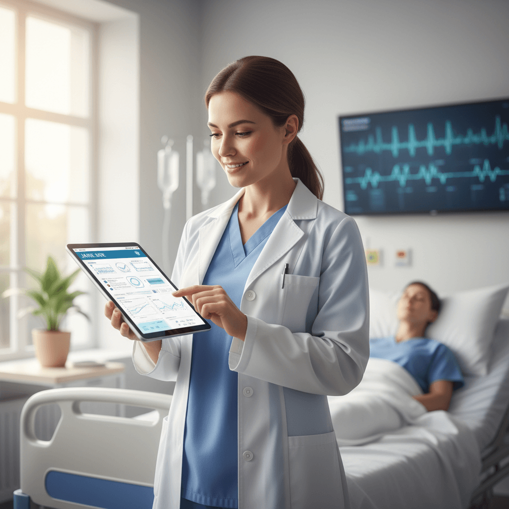 Nurse reviewing patient chart on a digital tablet in a bright hospital room