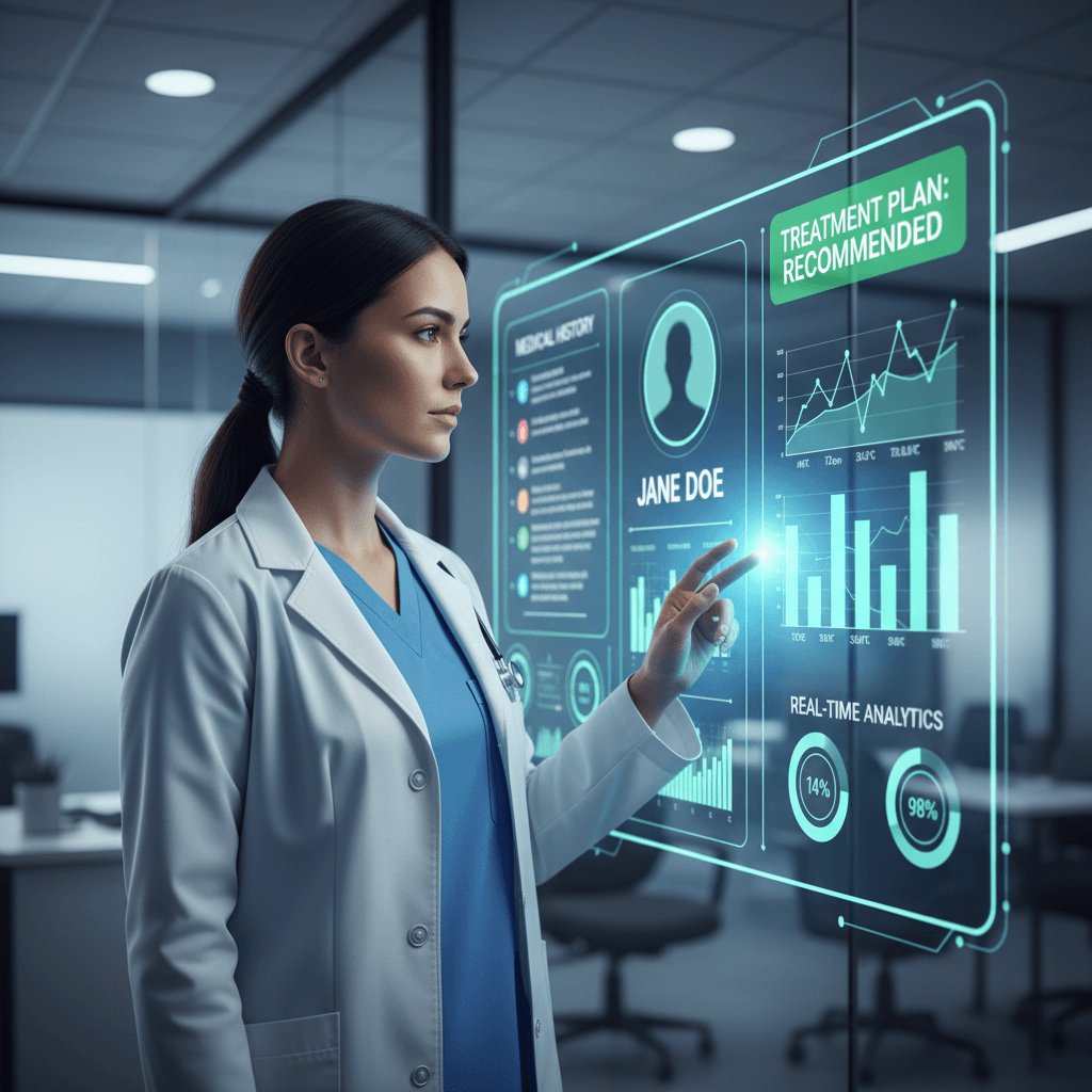 Doctor looking at a patient case study on a digital dashboard with analytics