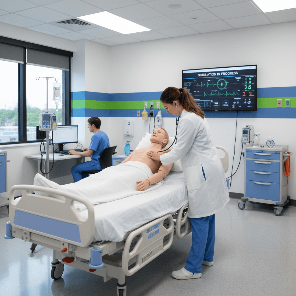 Nursing student practicing clinical skills with a simulation mannequin