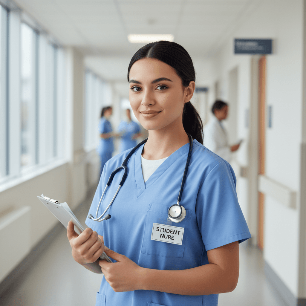 Nursing student in clinical rotation wearing scrubs and stethoscope
