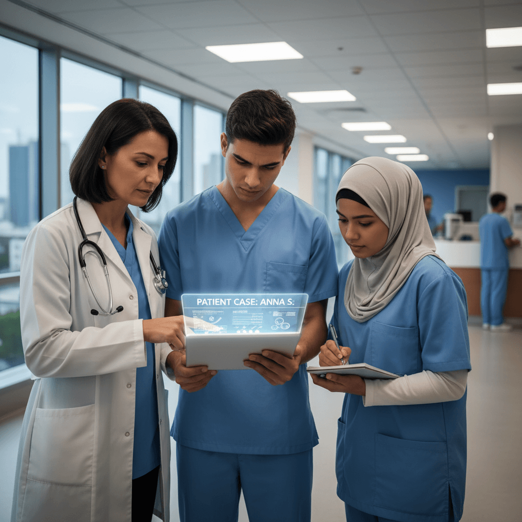 Doctor and medical students reviewing patient case on tablet in hospital