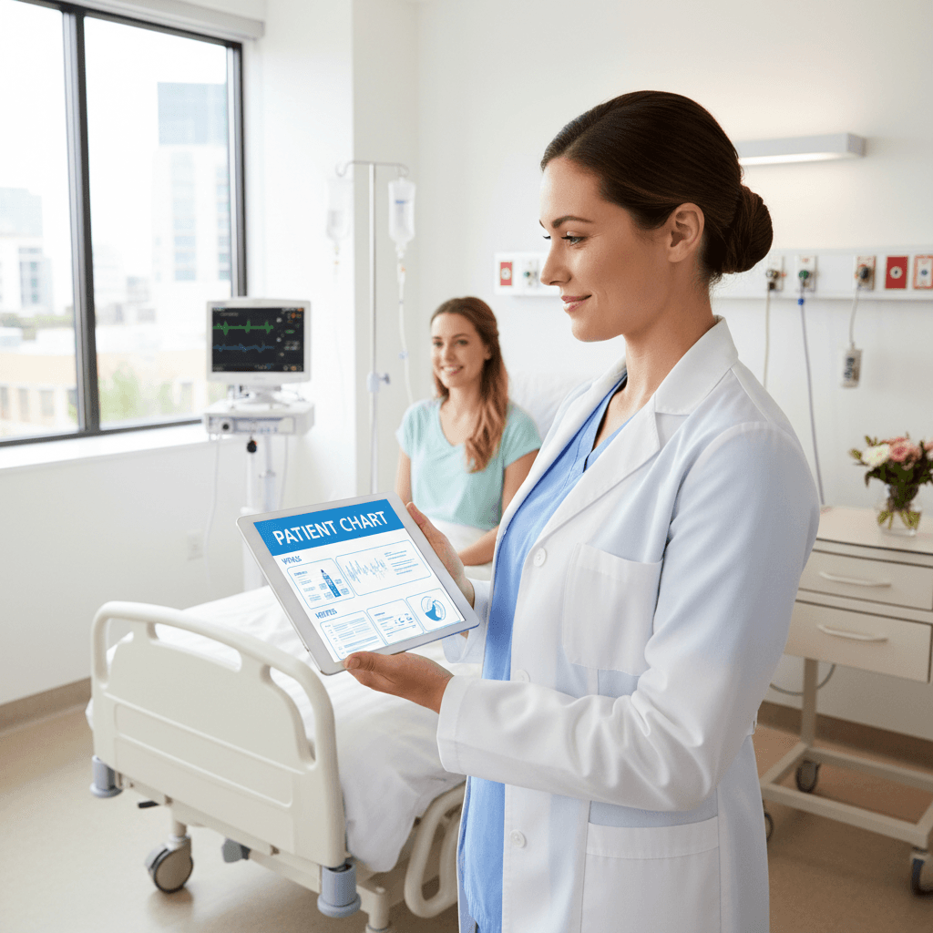 Nurse using tablet and looking at patient chart in bright hospital room