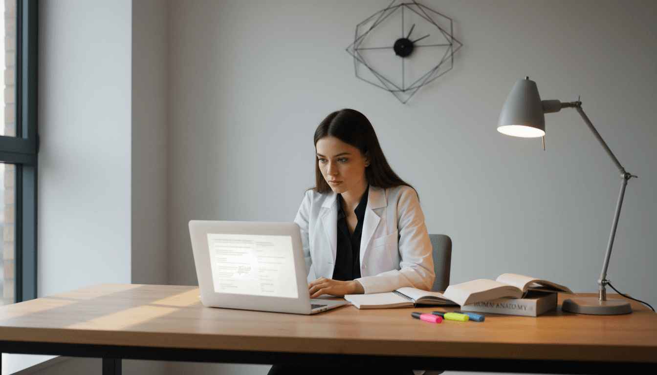 Medical student focused on studying at laptop with ATLAS platform