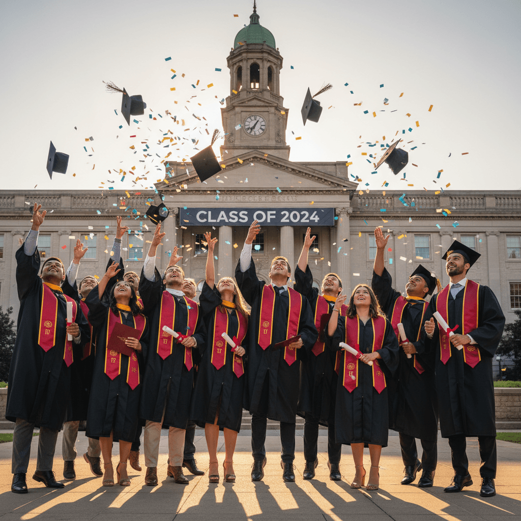 Diverse group of medical graduates in caps and gowns celebrating