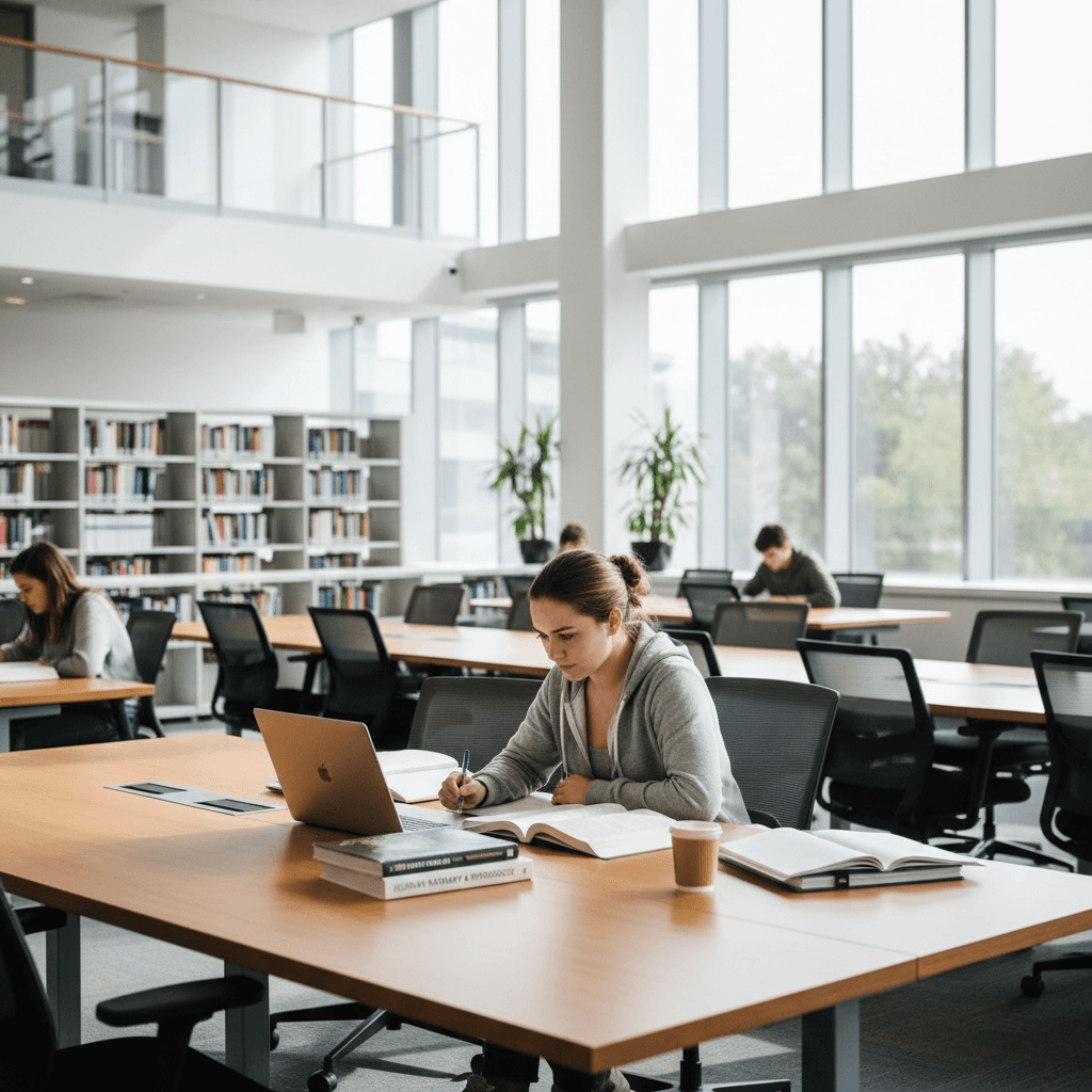 Medical student focused on laptop in a bright study environment
