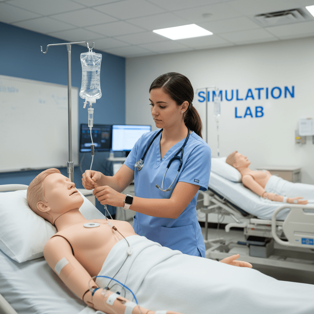 Nursing student practicing clinical skills on mannequin in simulation lab