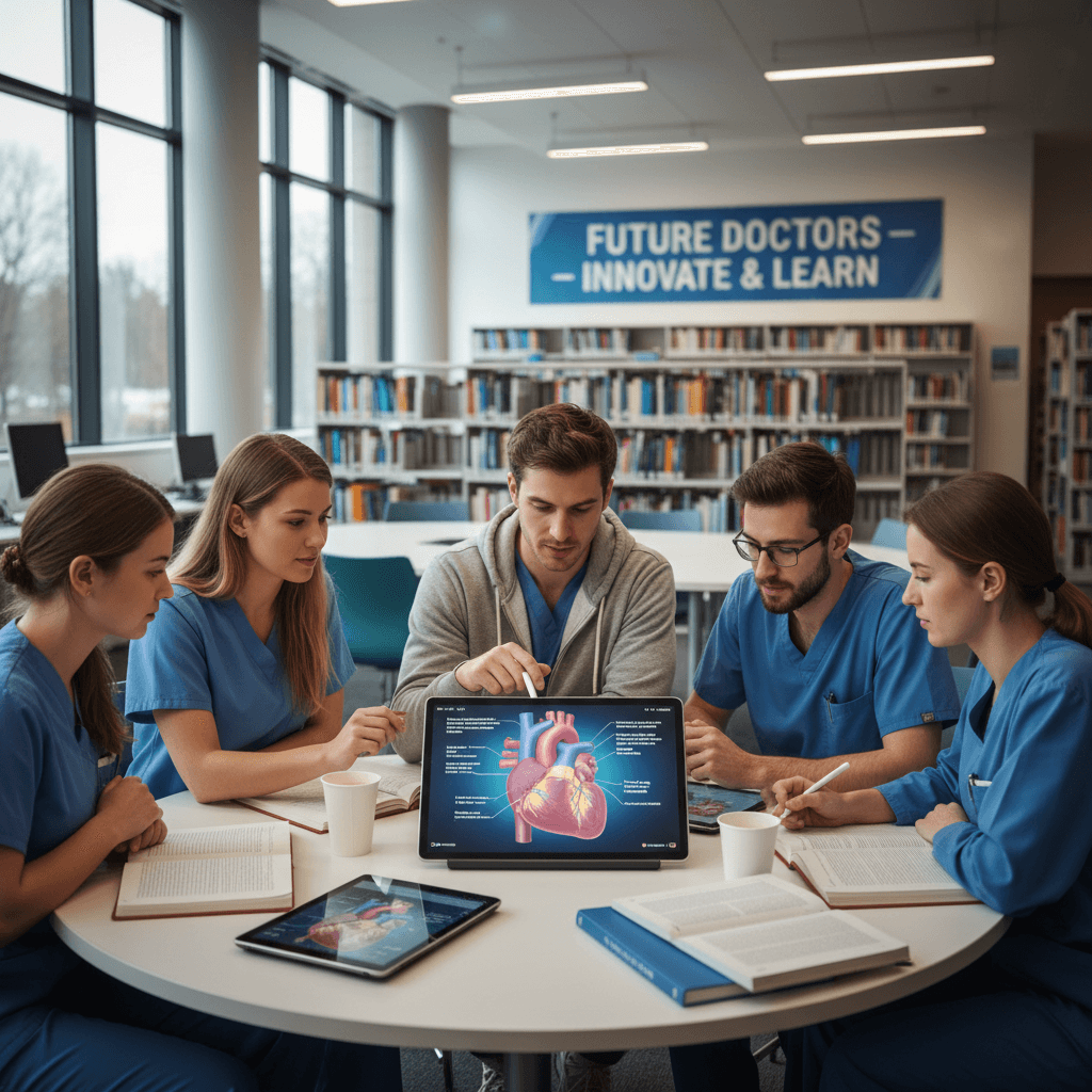 Group of medical students studying together using digital tablet