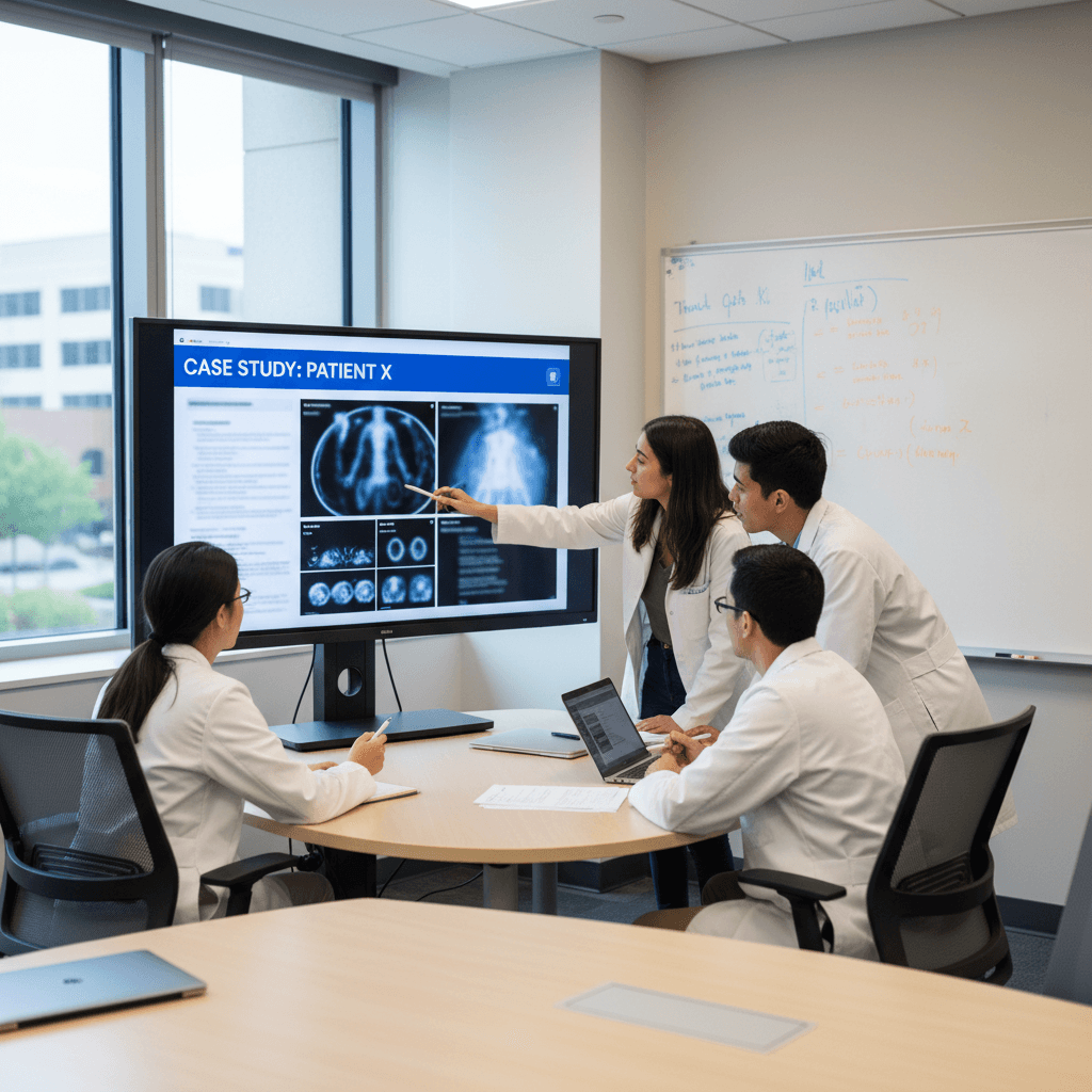 Group of medical students reviewing a case study on a large monitor