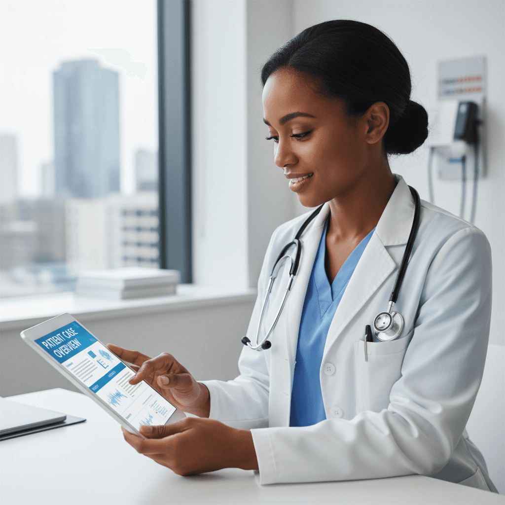 Healthcare professional reviewing patient case notes on a digital tablet
