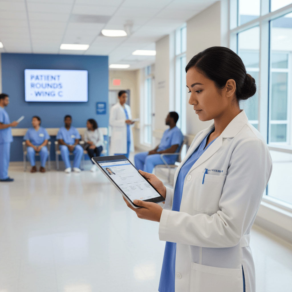 Doctor reviewing patient case on tablet in hospital hallway