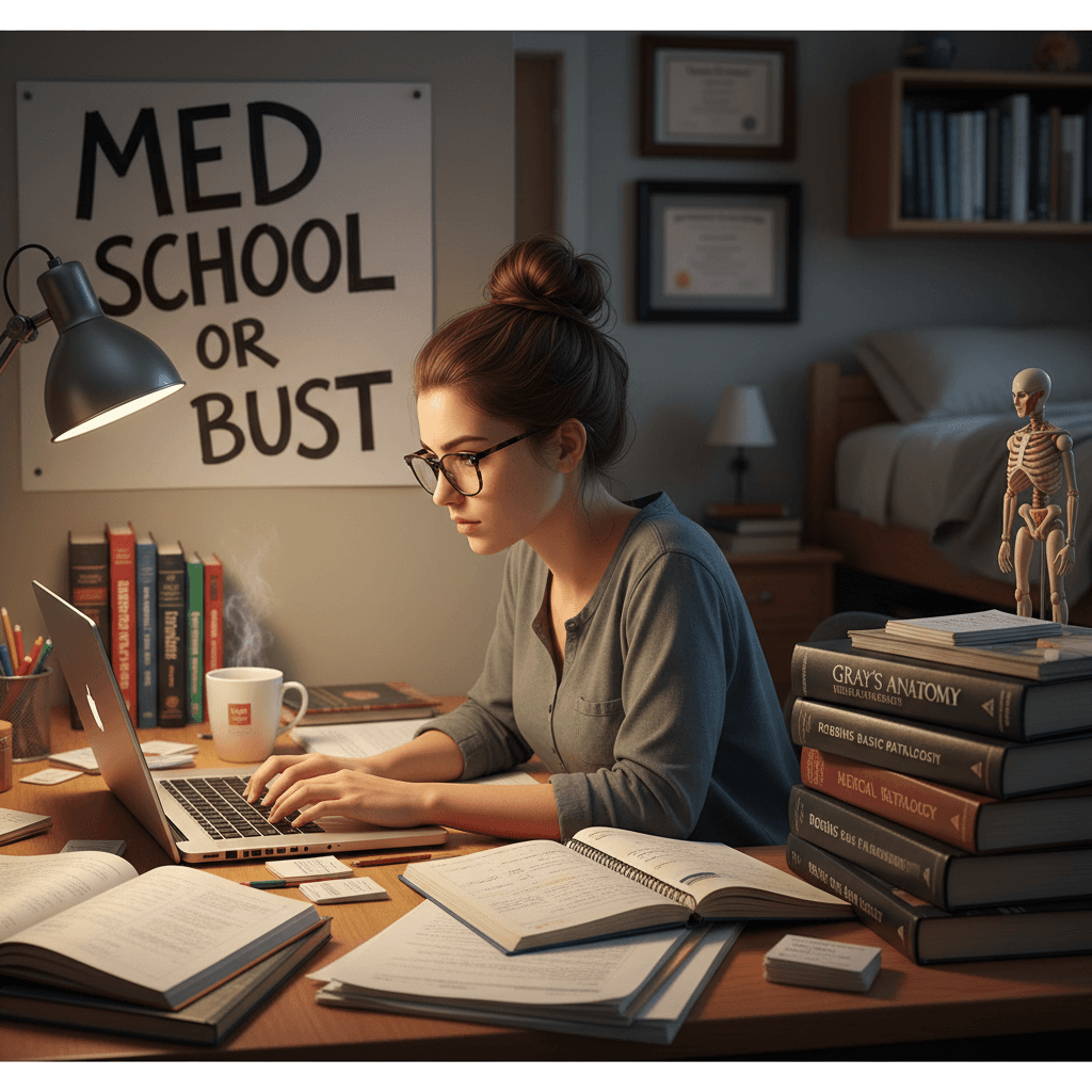 Medical student studying on laptop at desk with textbooks