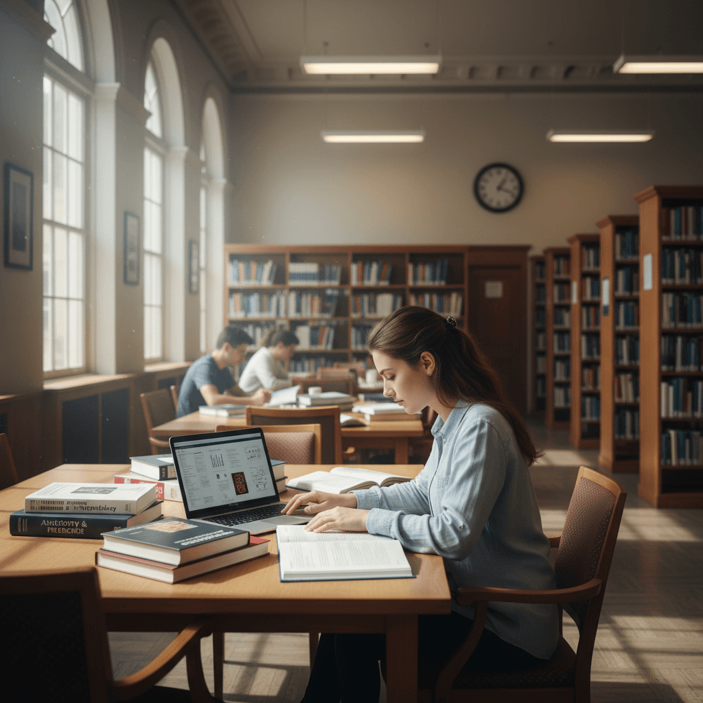 Medical student studying with laptop and textbooks in bright library