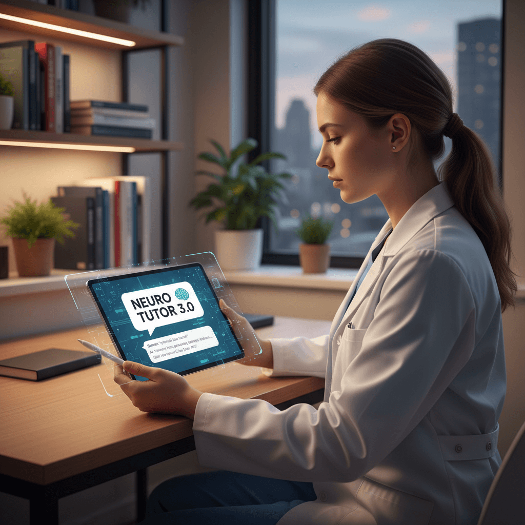 Medical student using a tablet with an AI tutoring interface in a modern study space