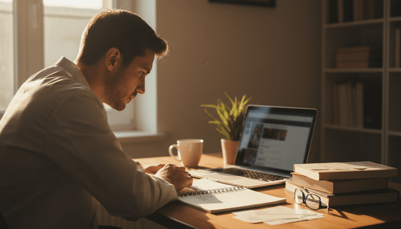 Medical student studying with laptop and notes at desk