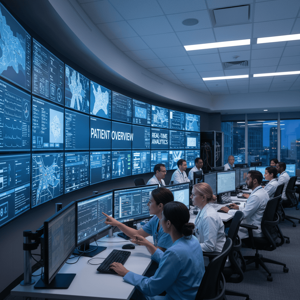 Clinicians monitoring patient data on large screens in a modern command center