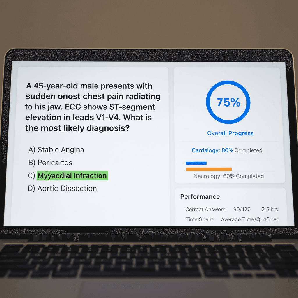 Close up of laptop screen showing medical exam practice questions
