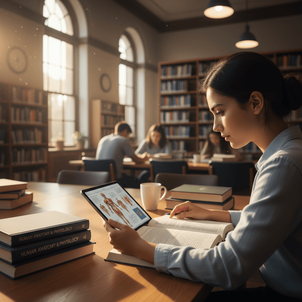 Medical student studying with digital tablet and textbooks in a library