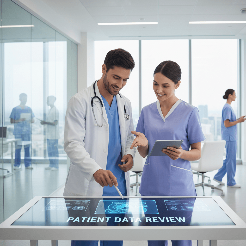 Doctor and nurse collaborating over medical records in a modern clinical setting